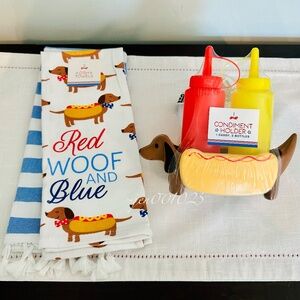 Dachshund Themed Condiment Holder & Kitchen Towel Set Summer July 4th Decor